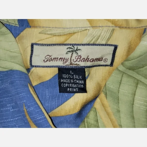 Tommy Bahama 100% Silk Shirt Hawaiian Mens Large L Floral Green Blue Leaf Beach - Picture 4 of 6